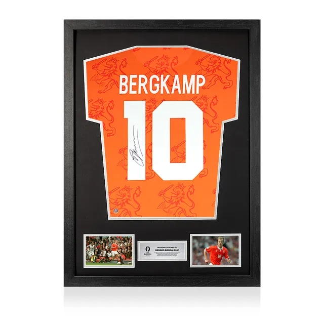 Icons UEFA 2024 Dennis Bergkamp Official Back Signed and Framed Retro Netherlands Shirt