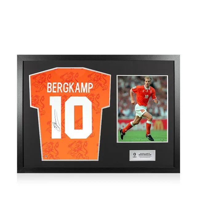 Icons UEFA 2024 Dennis Bergkamp Official Back Signed and Hero Framed Retro Netherlands Shirt