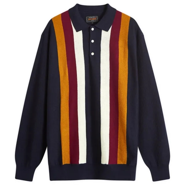 Beams Plus Men's Long Sleeve Stripe Knit Polo Navy