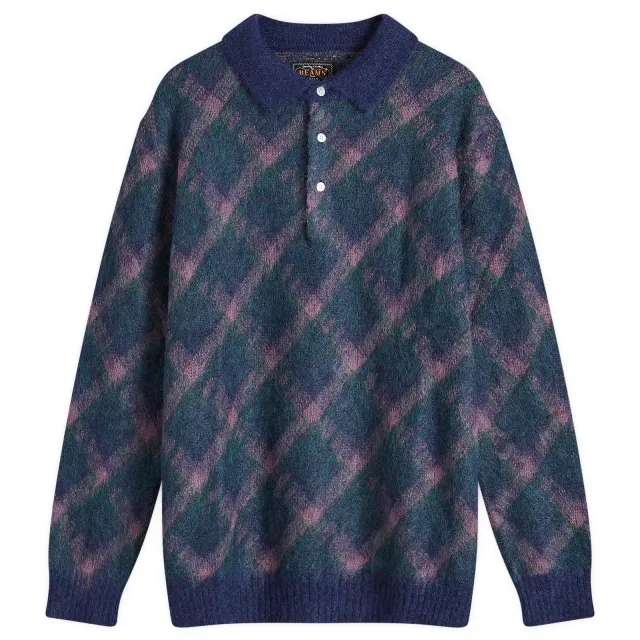 Beams Plus Men's Long Sleeve Jacquard Knit Polo Navy