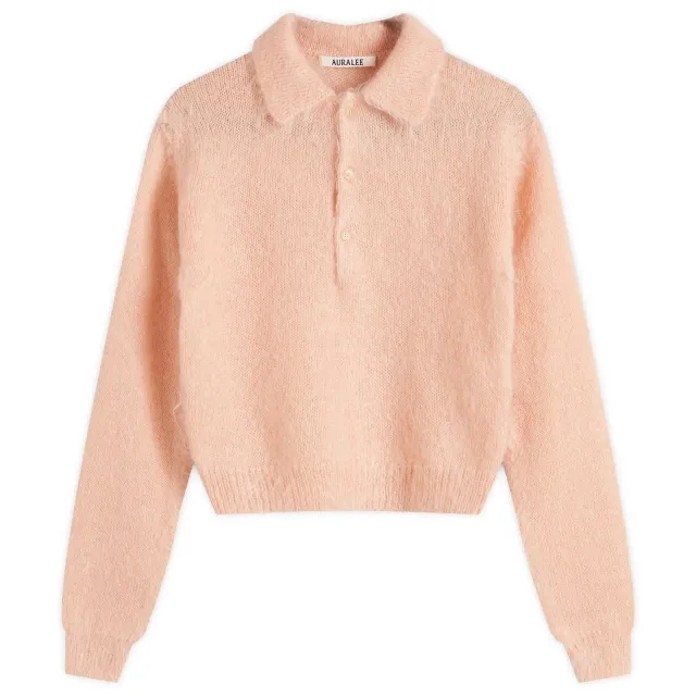 Auralee Women's Brushed Super Kid Mohair Knit Short Polo Pink Beige