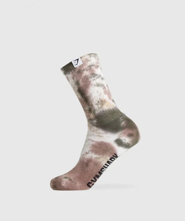 Gymshark Tie Dye Crew Socks - White/Sand Brown/Taupe Brown/Deep Olive Green