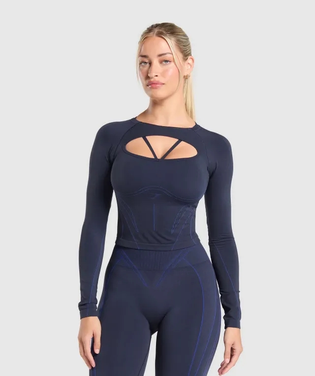 Gymshark Apex Contrast Long Sleeve Top - Heavy Blue/Force Blue