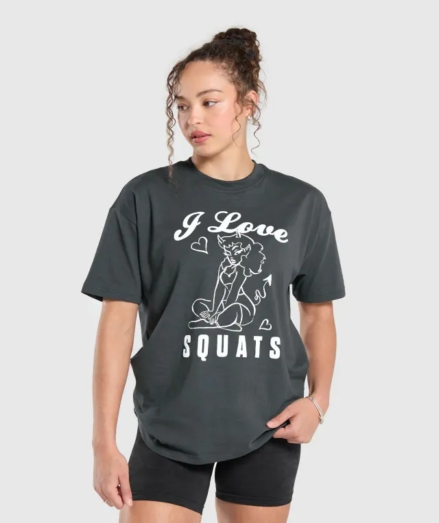 Gymshark I Love Squats Graphic Oversized Tee - Asphalt Grey
