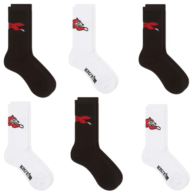 Asics ICECREAM Men's 6 Pack Running Dog Socks Black And White