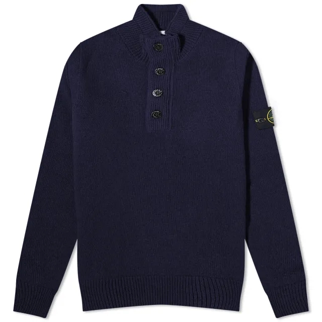 Stone Island Men's Stand Collar Button Neck Knit Navy Blue