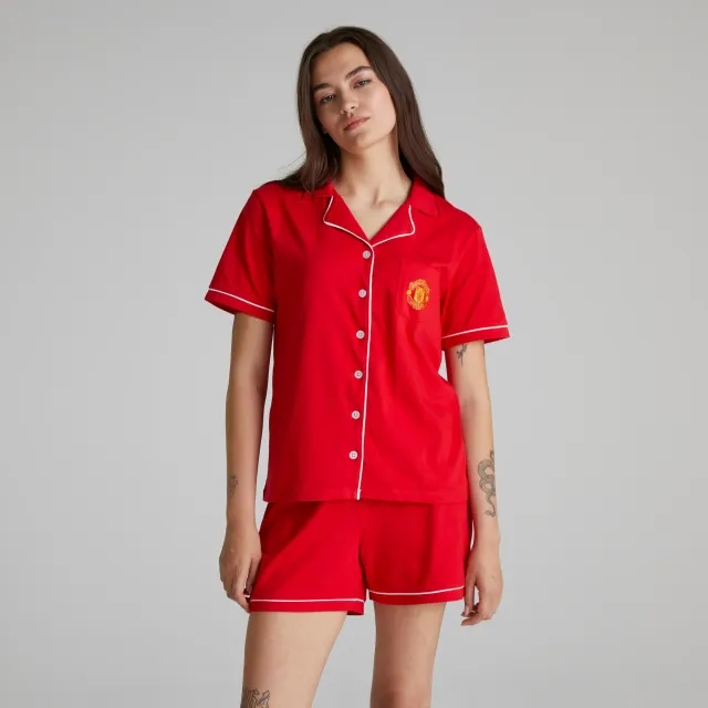 BRECREST Manchester United Womens Button Through Pyjama Set Red