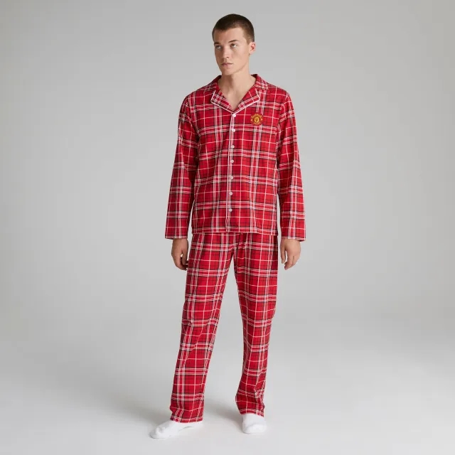 BRECREST Manchester United Mens Check Long Sleeve Pyjama Set Red