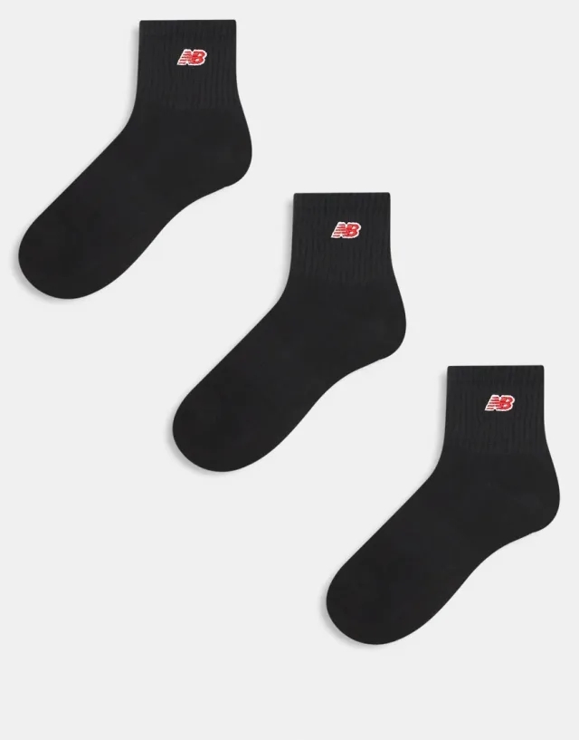 New Balance 3 Pack Ribbed Ankle Socks In Black With Red Logo