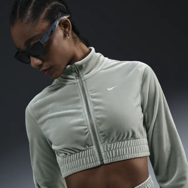Nike Sportswear Collection Women's Cropped Velour Full-Zip Top - Green - Polyester/Elastane