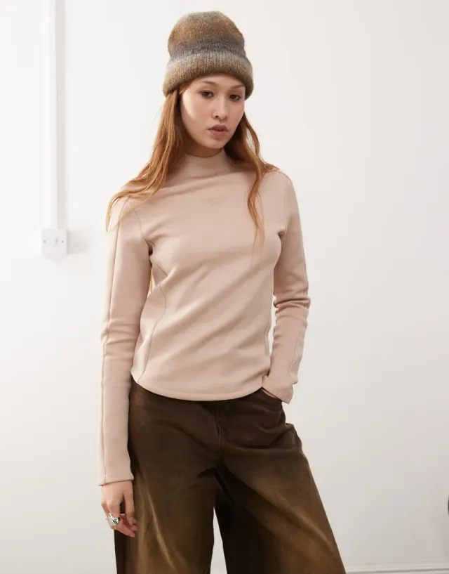 Adidas Originals Structured Interlock Long Sleeve Top In Beige-Neutral