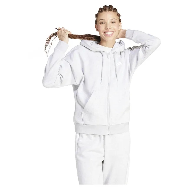 adidas Women's Essentials 3 Stripes Full Zip Fleece Hoodie, Grey Heather/White