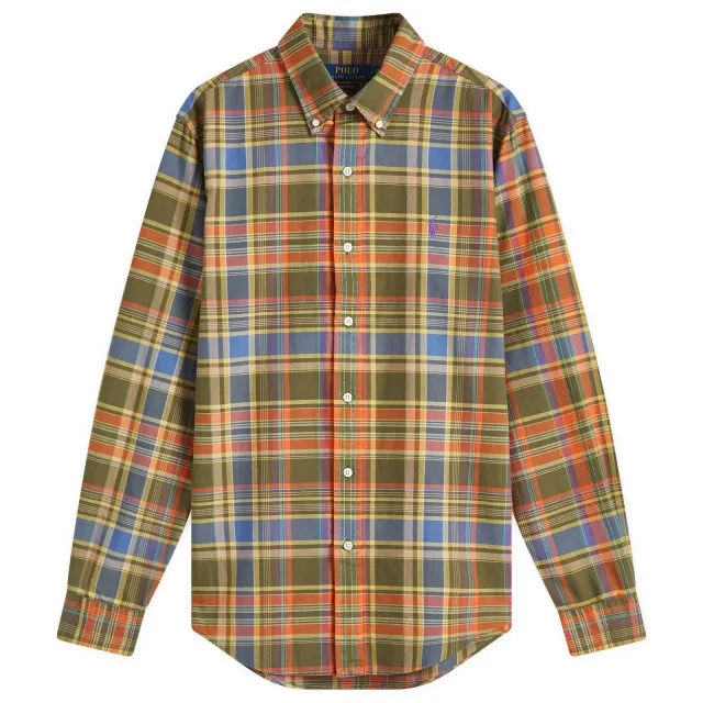 Polo Ralph Lauren Men's Custom Brushed Twill Plaid Oxford Shirt 6602 Olive Orange Multi