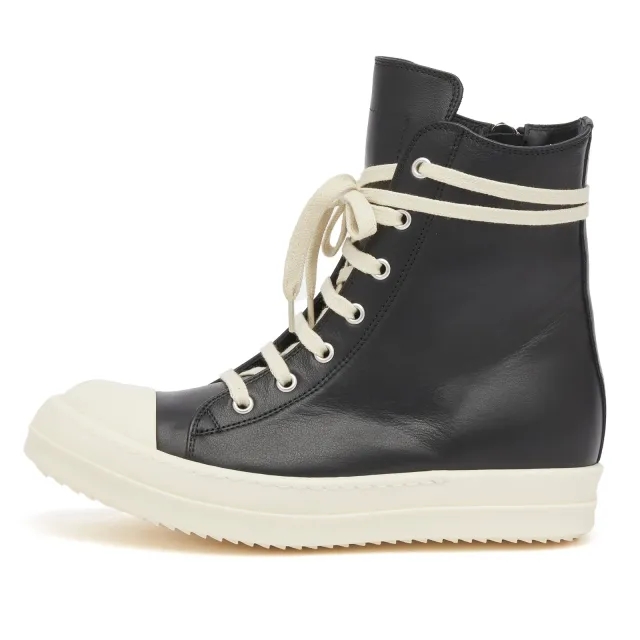 Rick Owens Women's High Top Lace Up Sneaker in Leather Black Milk