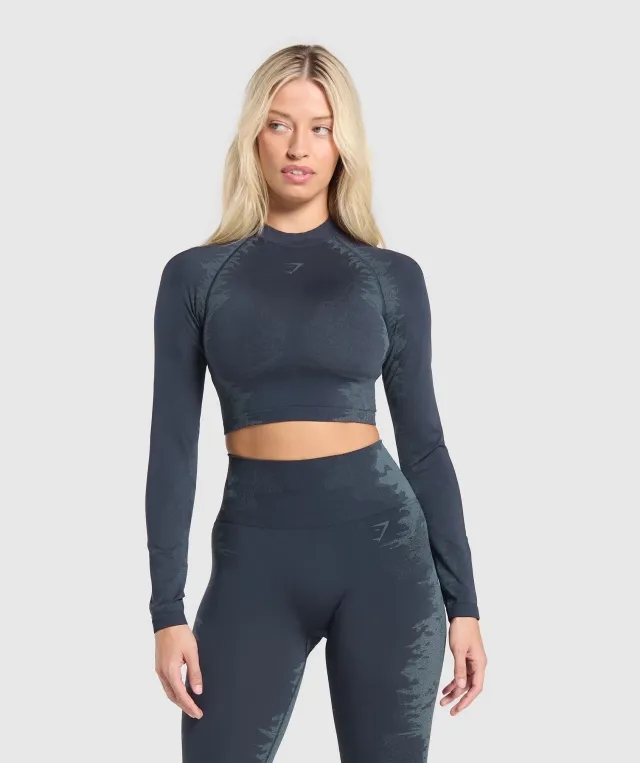 Gymshark Caged Seamless Long Sleeve Crop Top - Heavy Blue/Iron Blue