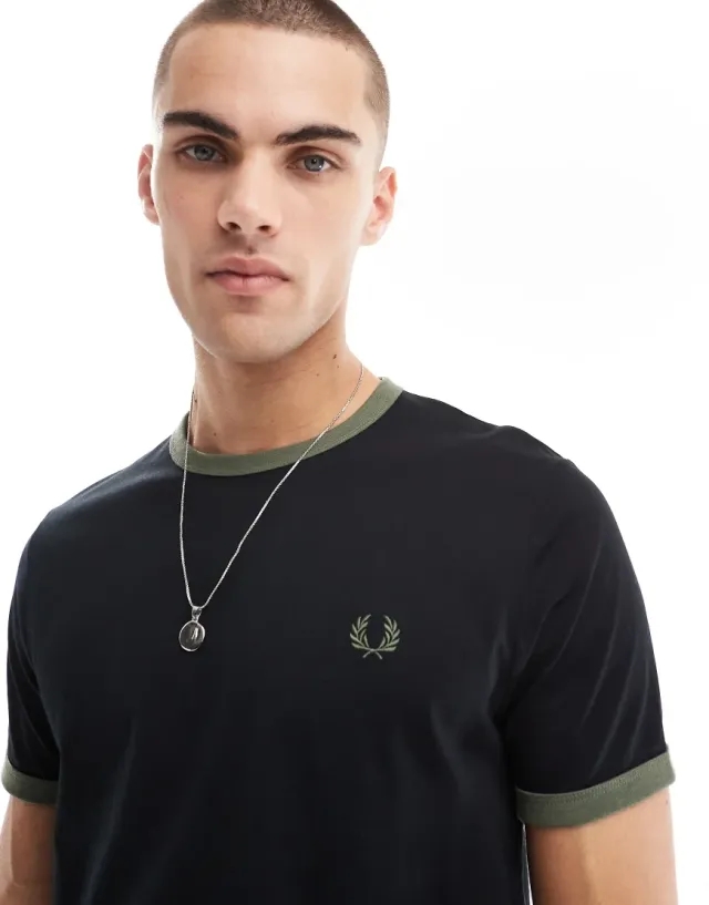 Fred Perry Ringer T-Shirt In Black With Green Tipping