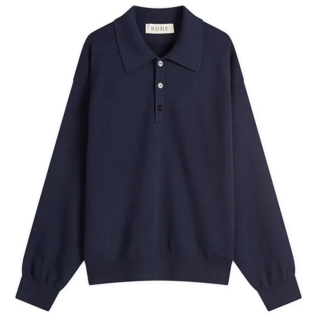 Róhe Men's Knitted Long Sleeve Polo Navy