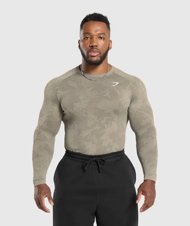 Gymshark Geo Seamless Long Sleeve T-Shirt - Linen Brown/Camo Brown