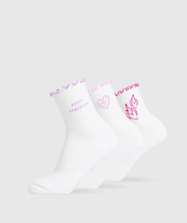 Gymshark Frill Midi Sock 3pk - White/Sour Pink/Active Purple/Winning Pink