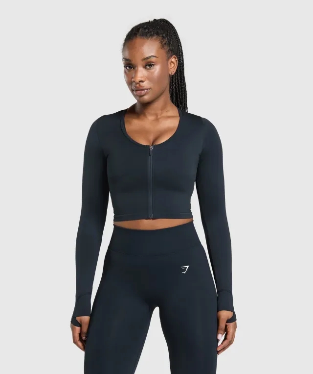 Gymshark Lift Seamless Zip Up Jacket - Midnight Blue/Black Marl