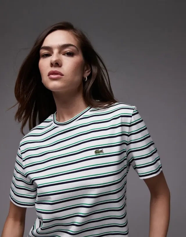 Lacoste Oversized T-Shirt In Green Black And White Horizontal Stripes