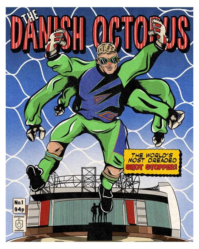 Classic Football Shirts 1994-96 Peter Schmeichel 'The Danish Octopus' Comic Book Superheroes A3 Print/Poster