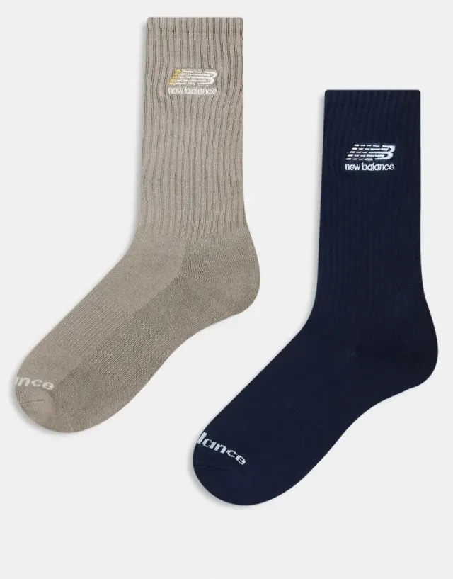 New Balance 2 Pack Ribbed Crew Socks In Navy And Light Brown-Multi