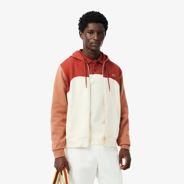 Lacoste Zipped Colour-Block Hoodie - White / Brown / Light Brown