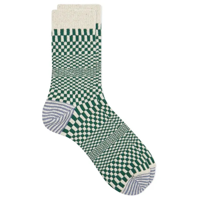 RoToTo Warped Checker Crew Sock Green