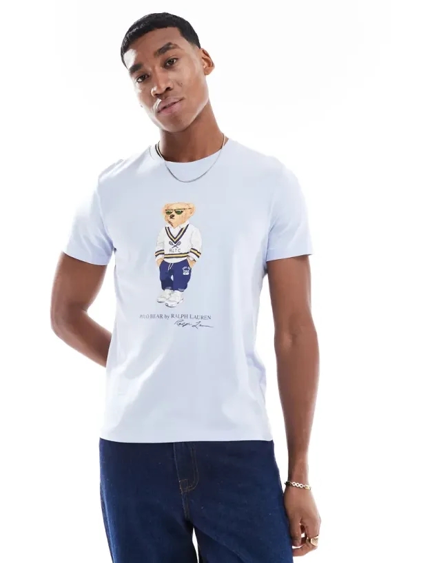Polo Ralph Lauren Heritage Bear Print T-Shirt Custom Fit In Light Blue