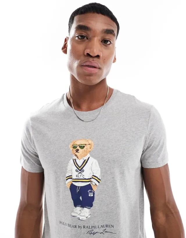 Polo Ralph Lauren Heritage Bear Print T-Shirt Custom Fit In Grey Marl