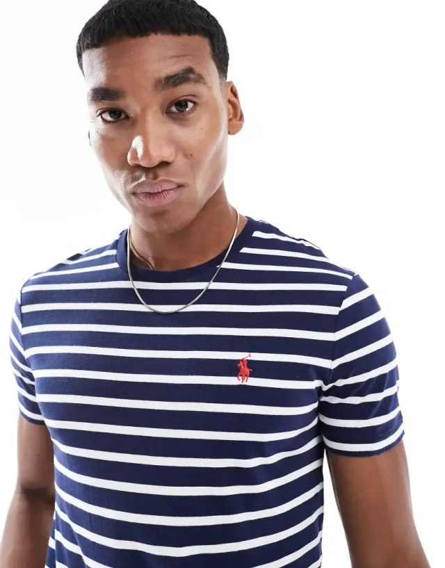 Polo Ralph Lauren Icon Logo Stripe T-Shirt Custom Fit In Navy/White