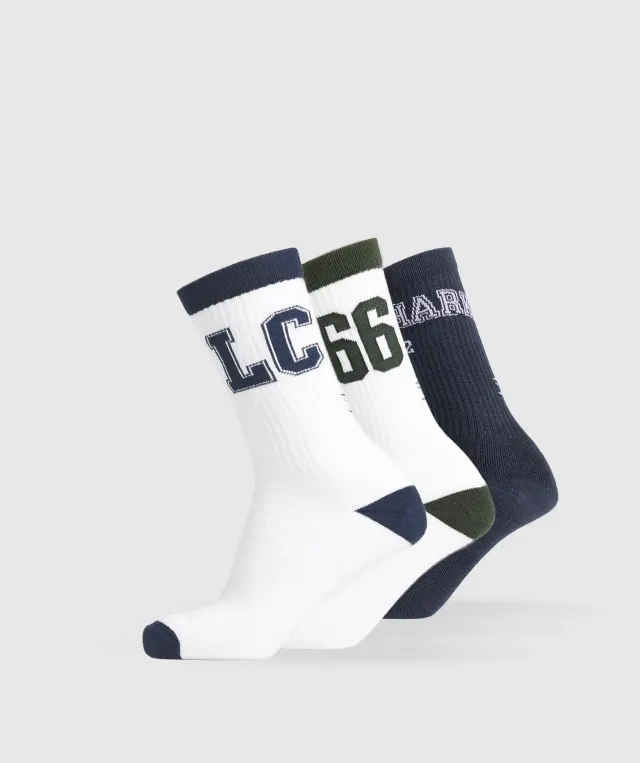 Gymshark Collegiate Crew Socks 3pk - White/Heavy Blue/Trail Green
