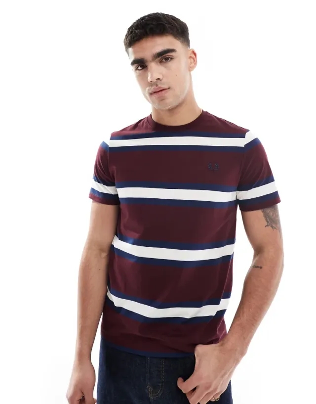 Fred Perry Horizontal Bold Stripe T-Shirt In Burgundy And White