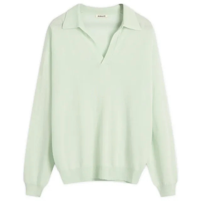 Auralee Men's Super Fine Cashmere Silk Knit Skipper Polo White Green