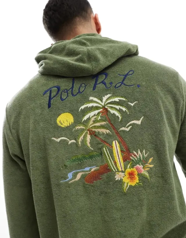 Polo Ralph Lauren Back Embroid Lightweight Cotton Terry Hoodie In Mid Green