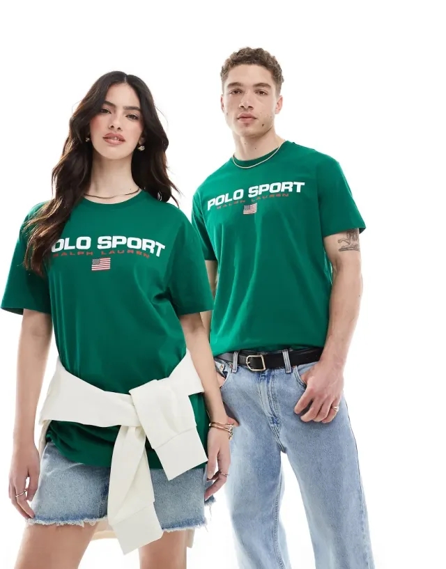 Polo Ralph Lauren Sport Capsule Unisex Large Chest Flag Logo T-Shirt Classic Oversized Fit In Mid Green