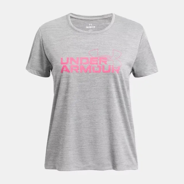 Girls'  Under Armour  Tech™ Twist Wordmark Logo Short Sleeve Black / Super Pink YXS (48 - 50 in)