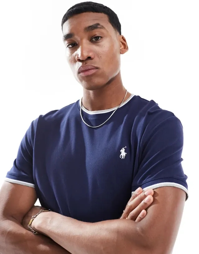 Polo Ralph Lauren Icon Logo Tipped Pique T-Shirt Classic Oversized Fit In Navy