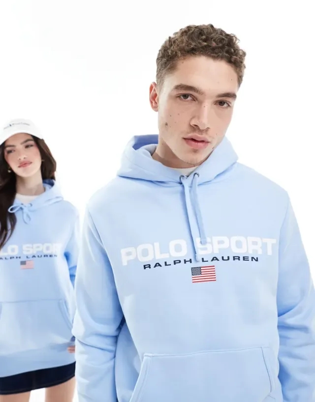 Polo Ralph Lauren Sport Capsule Unisex Large Flag Chest Logo Hoodie In Light Blue