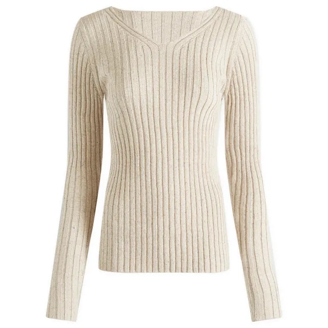 Auralee Women's Rib Knit V-Neck Pullover Top Ivory Beige