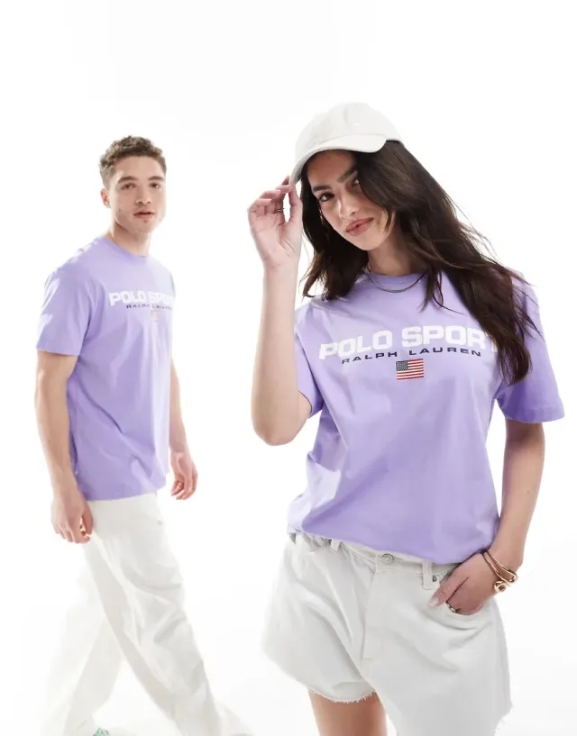 Polo Ralph Lauren Sport Capsule Unisex Large Chest Flag Logo T-Shirt Classic Oversized Fit In Lilac-Purple