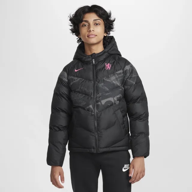 Chelsea F.C. Third Older Kids' Nike Football Synthetic-Fill Hooded Jacket - Black - Polyester