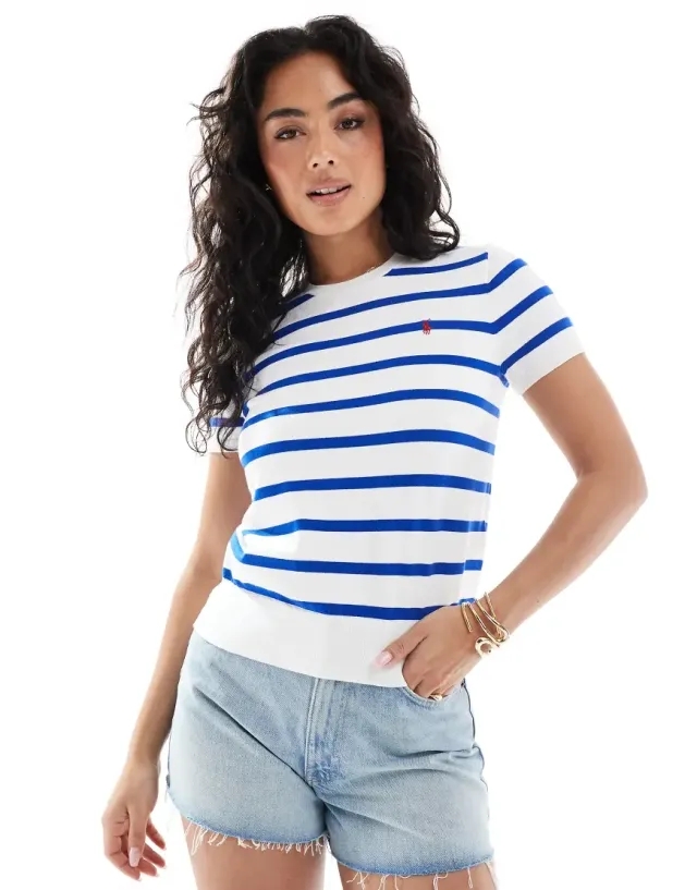 Polo Ralph Lauren Striped Shirt Sleeve Knitted Top In White And Blue