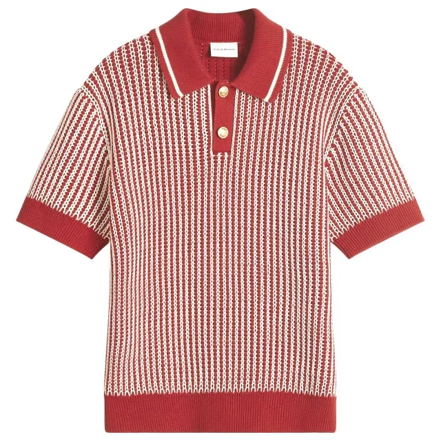 Drôle de Monsieur Men's Striped Knit Polo Brick