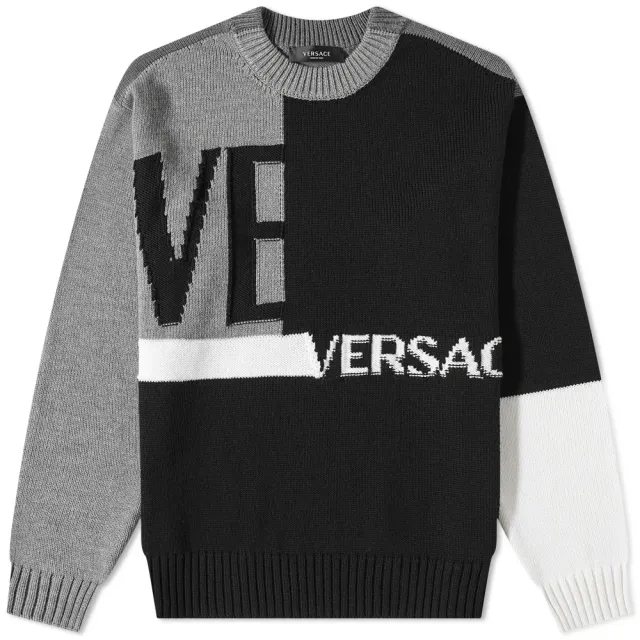 Versace Men's Patchwork Logo Crew Knit Grey/Black