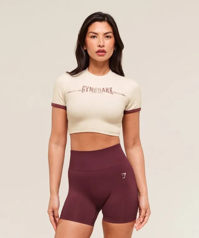 Gymshark Ribbed Cotton Crop Top - Oat White/Burgundy Brown