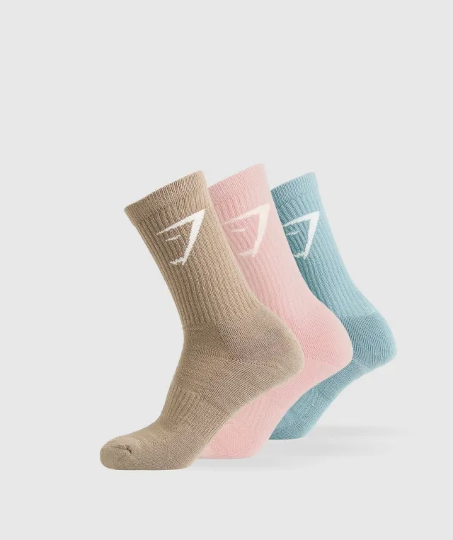 Gymshark Crew Socks 3pk - Lifestyle Brown/Lift Pink/Rest Blue