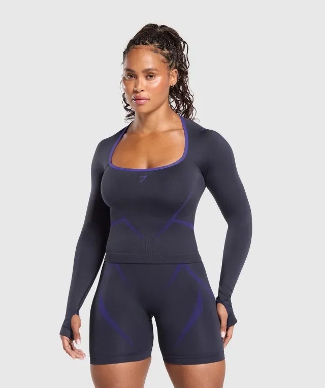 Gymshark Apex Lift Seamless Long Sleeve Crop Top - Heavy Blue/Cobalt Purple