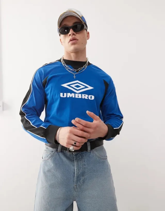 Umbro Panelled Long Sleeve T-Shirt In Blue And White